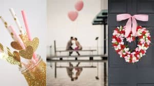 Collage av tre kärleksfulla dekorationer inför alla hjärtans dag.
